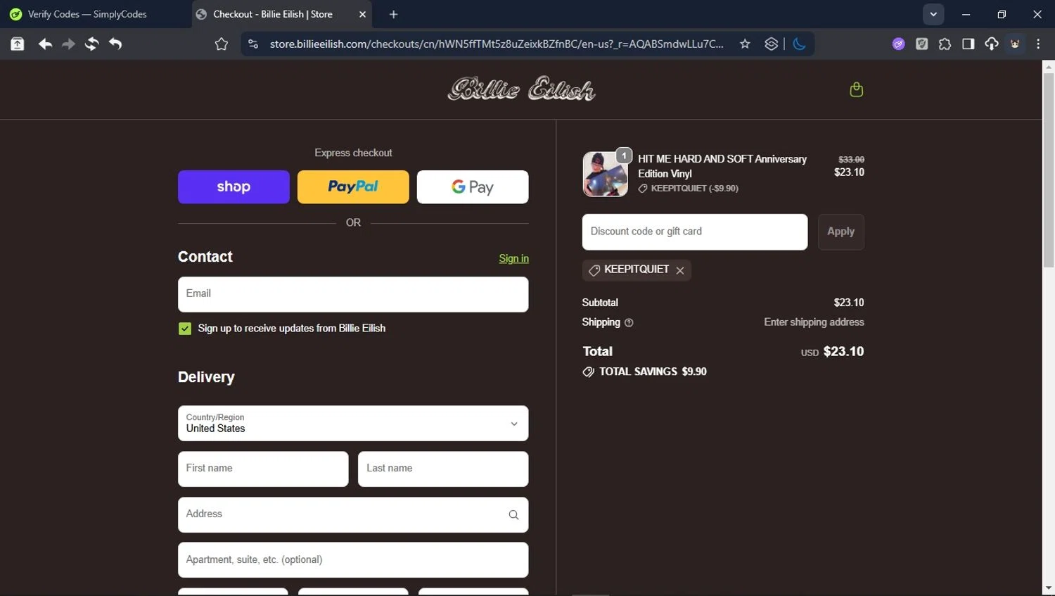 Billie Eilish checkout page showing Billie Eilish discount code box | Screenshot taken by SimplyCodes community member on Nov 24, 2025