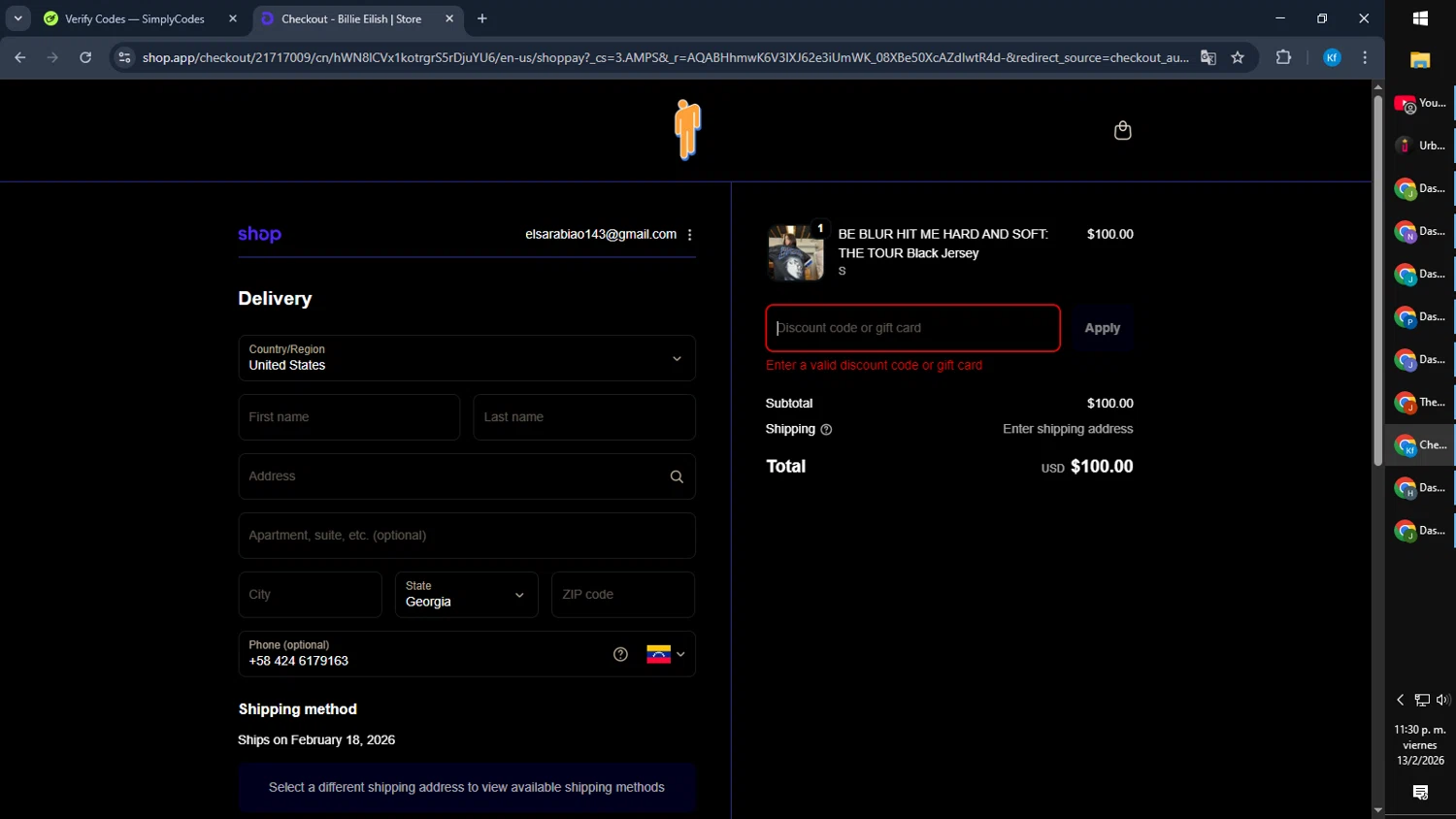 Billie Eilish discount code screenshot showing code keepitquiet applied at Billie Eilish checkout page. Uploaded by SimplyCodes community member Cynoxx on Feb 14, 2026