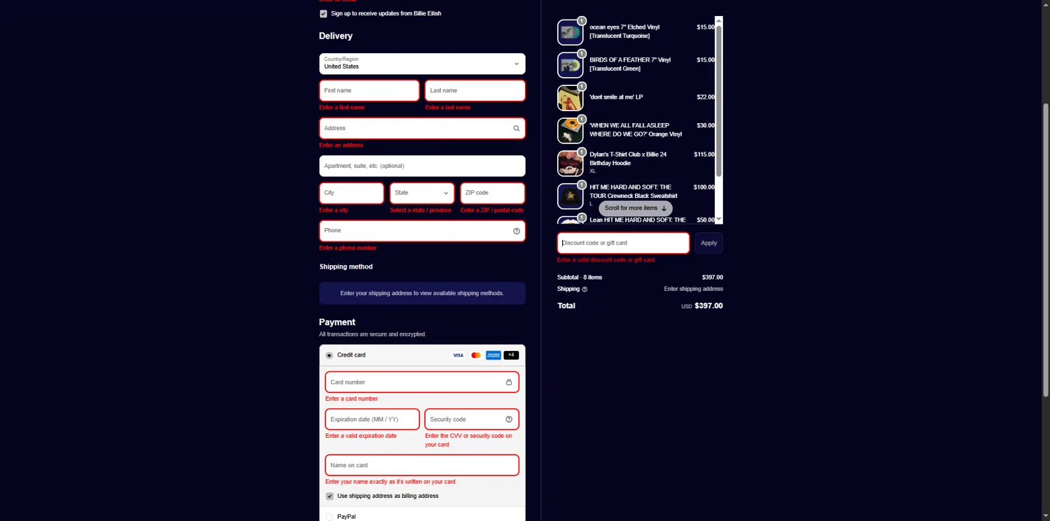 Billie Eilish discount code screenshot showing code keepitquiet applied at Billie Eilish checkout page. Uploaded by SimplyCodes community member VictoriousBoss8742 on Feb 12, 2026