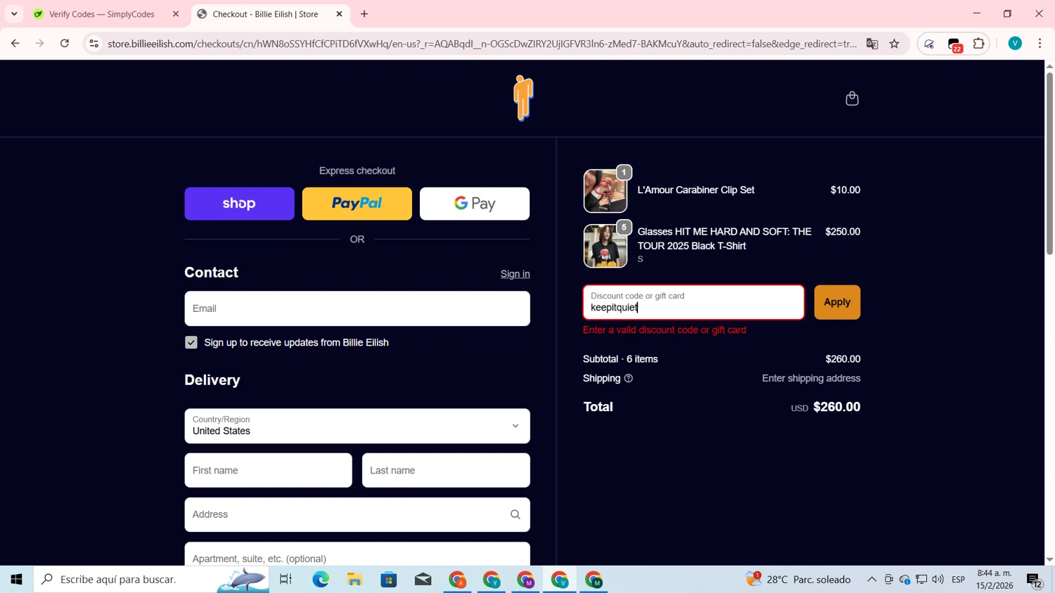 Billie Eilish discount code screenshot showing code keepitquiet applied at Billie Eilish checkout page. Uploaded by SimplyCodes community member lyffytaro on Feb 15, 2026