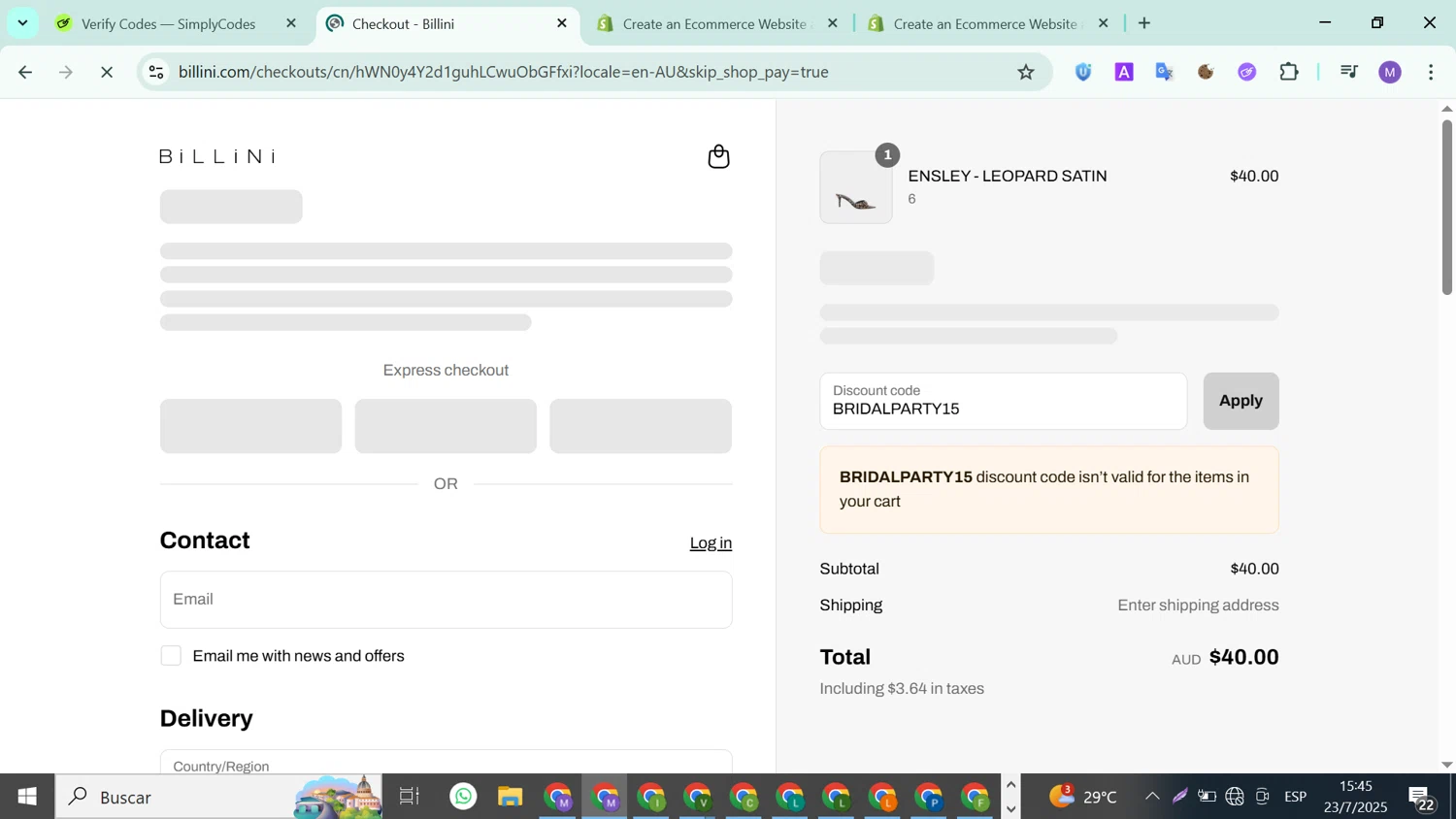 Billini discount code screenshot showing code BRIDALPARTY15 applied at Billini checkout page. Uploaded by SimplyCodes community member ValueLion1621 on Jul 23, 2025