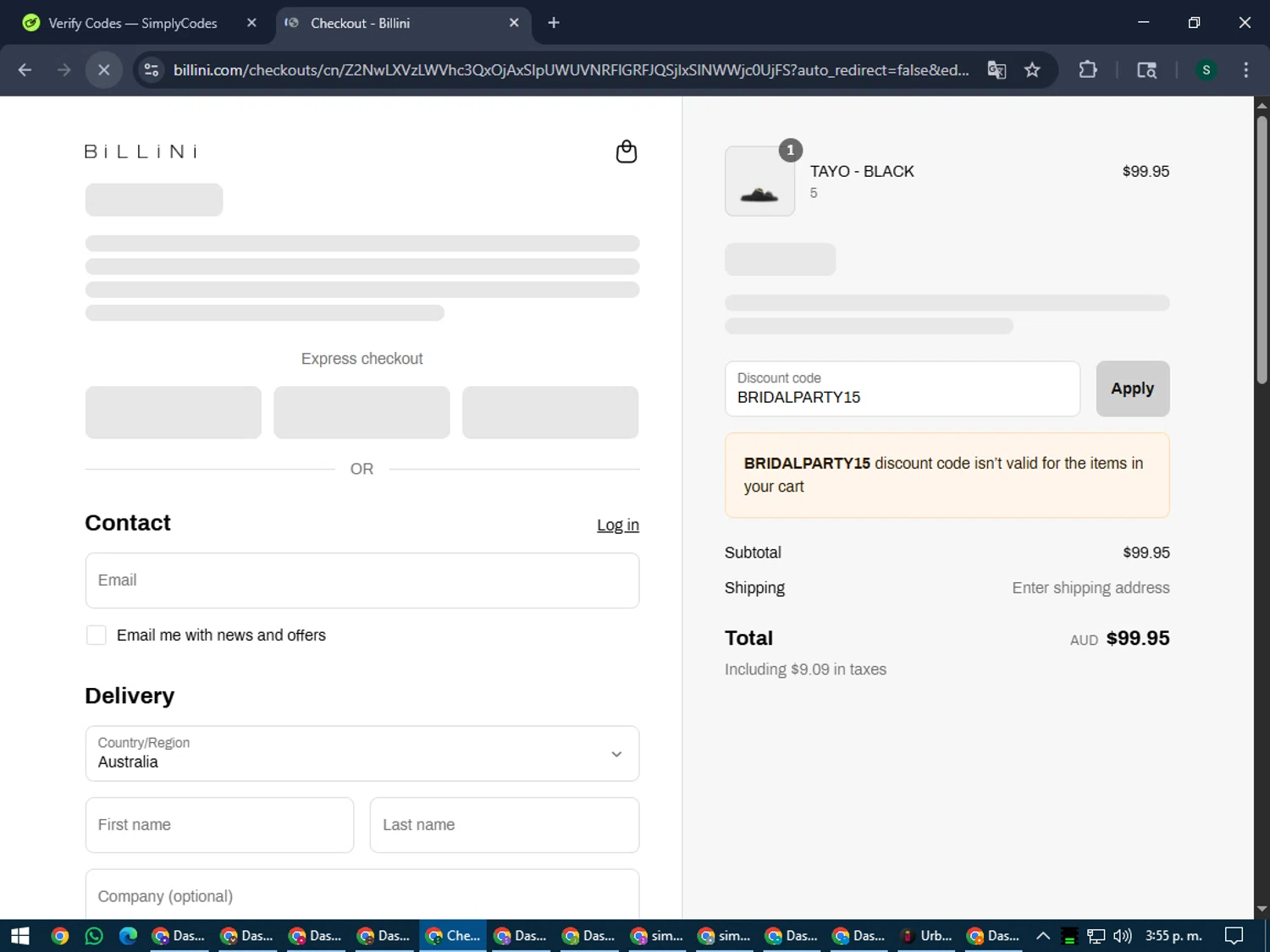 Billini discount code screenshot showing code BRIDALPARTY15 applied at Billini checkout page. Uploaded by SimplyCodes community member lilMosey on Jul 10, 2025