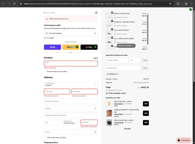 Billini checkout page showing Billini discount code box | Screenshot taken by SimplyCodes community member on Aug 29, 2025