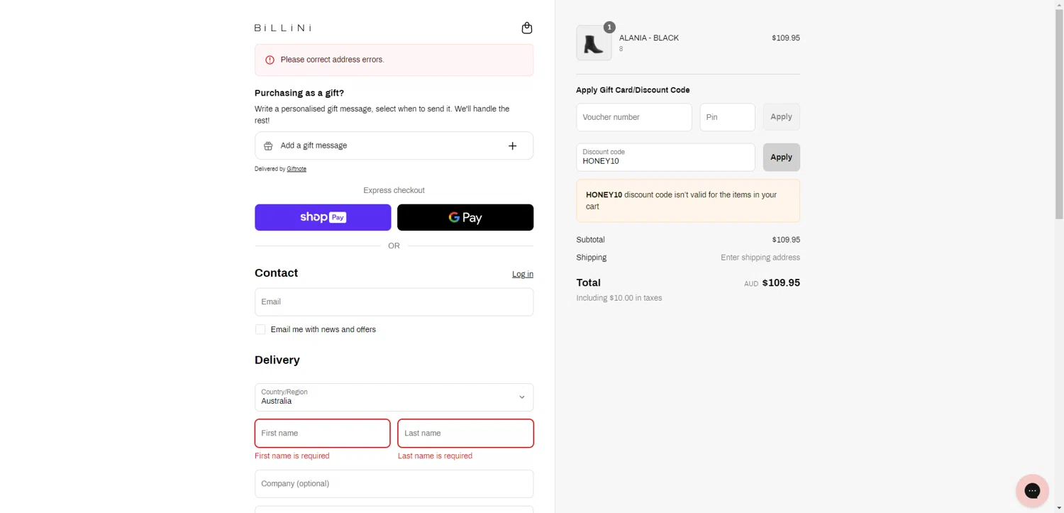 Billini discount code screenshot showing code HONEY10 applied at Billini checkout page. Uploaded by SimplyCodes community member EpicEagle816 on Jun 25, 2025