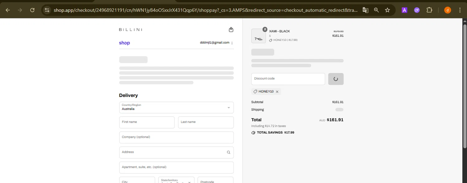 Billini discount code screenshot showing code HONEY10 applied at Billini checkout page. Uploaded by SimplyCodes community member PennyAdmiral6960 on Aug 13, 2025
