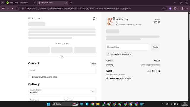 Billini checkout page showing Billini discount code box | Screenshot taken by SimplyCodes community member on Aug 23, 2025