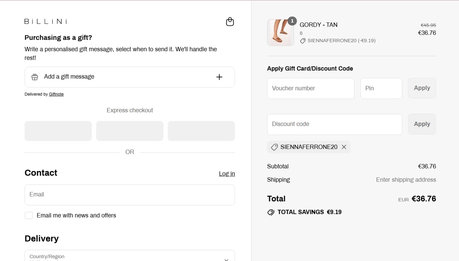 Billini discount code screenshot showing code SIENNAFERRONE20 applied at Billini checkout page. Uploaded by SimplyCodes community member perrasimplera on Jul 15, 2025