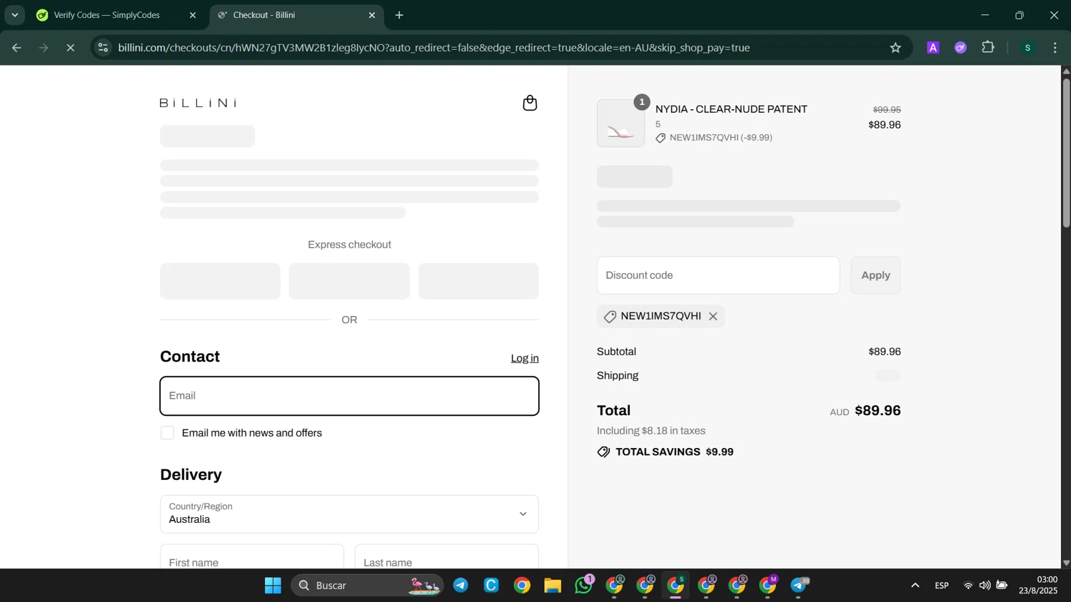 Billini discount code screenshot showing code NEW1IMS7QVHI applied at Billini checkout page. Uploaded by SimplyCodes community member SaleHunter9008 on Aug 23, 2025