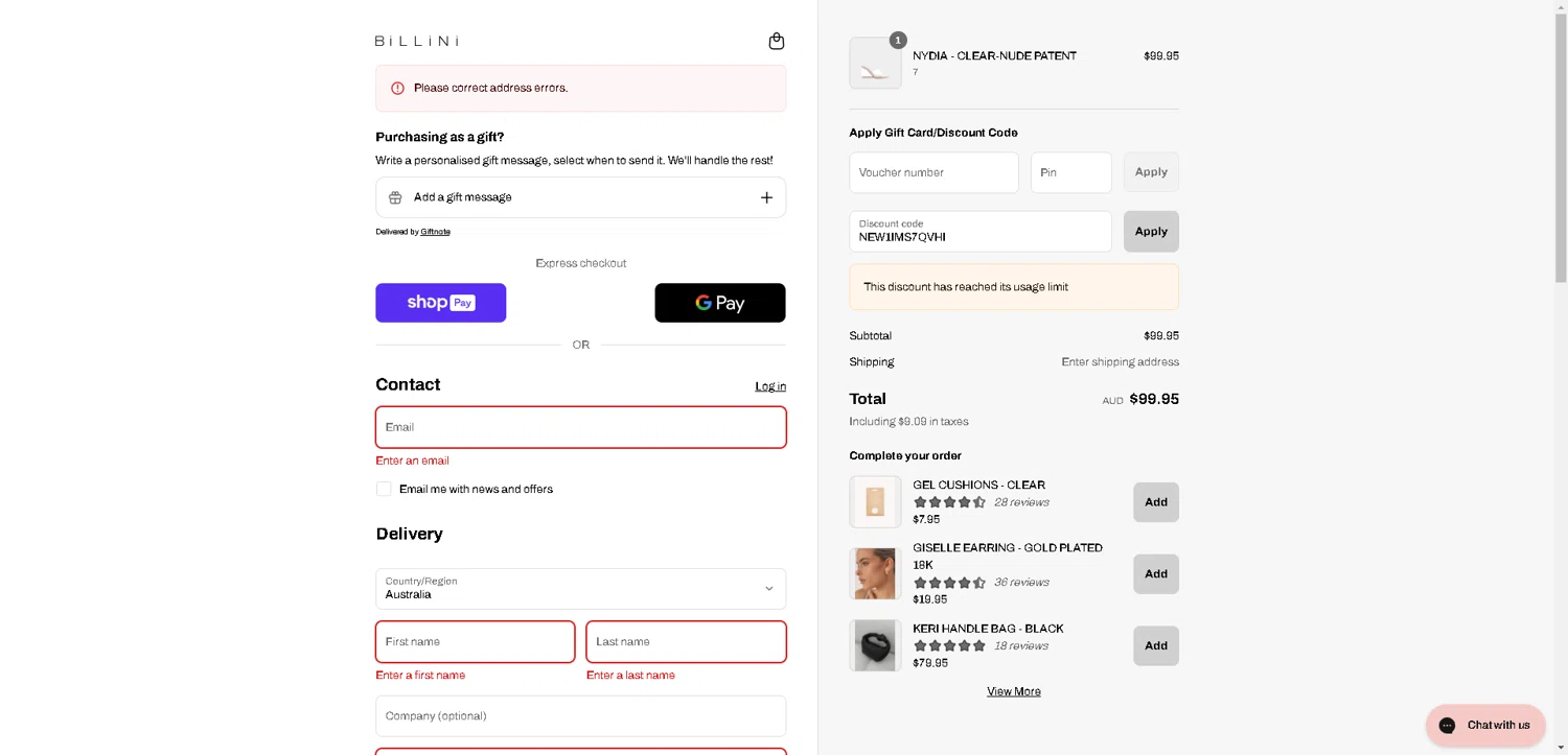 Billini discount code screenshot showing code NEW1IMS7QVHI applied at Billini checkout page. Uploaded by SimplyCodes community member ThriftySentinel6456 on Aug 27, 2025