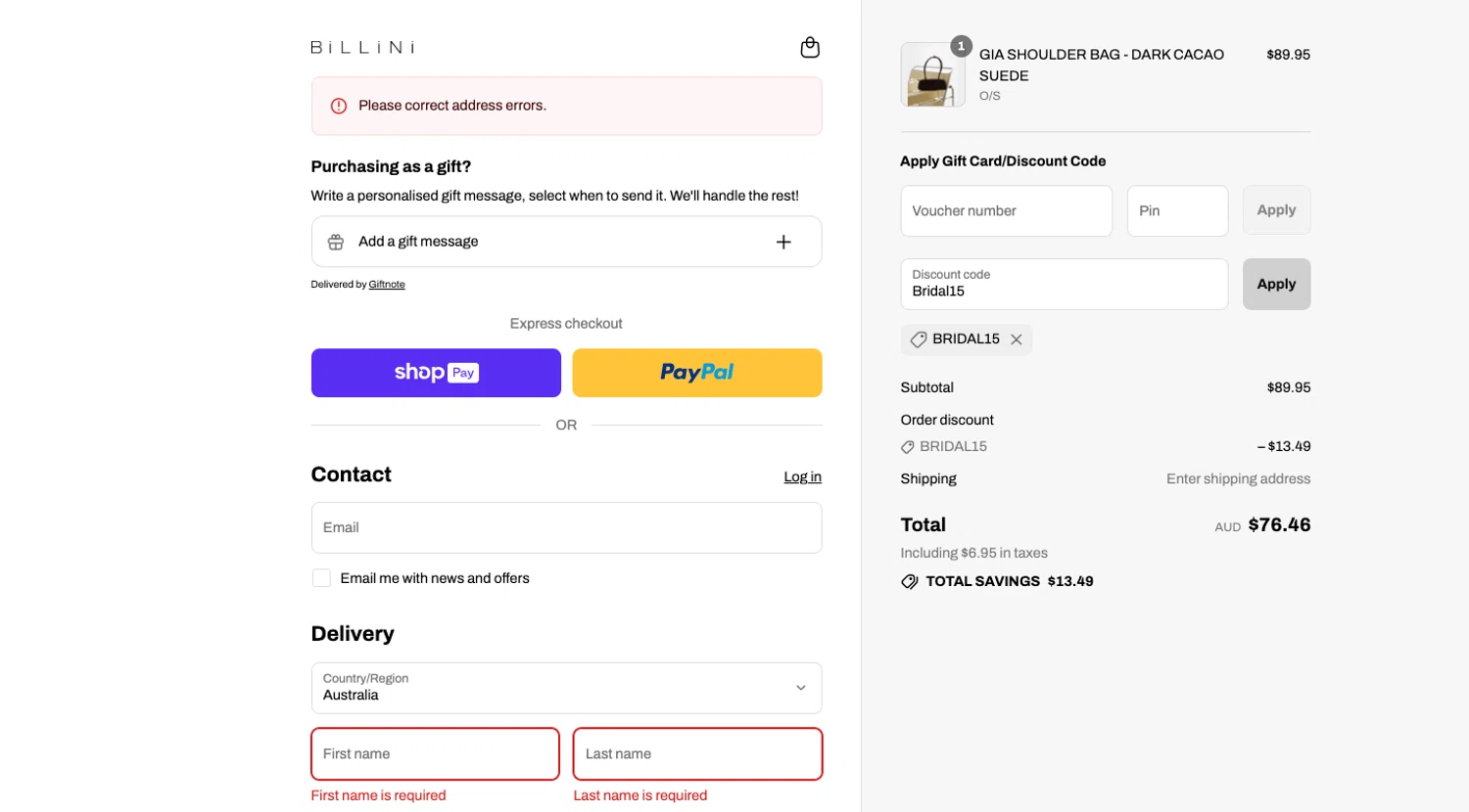 Billini discount code screenshot showing code Bridal15 applied at Billini checkout page. Uploaded by SimplyCodes community member ELOIN777 on Aug 2, 2025