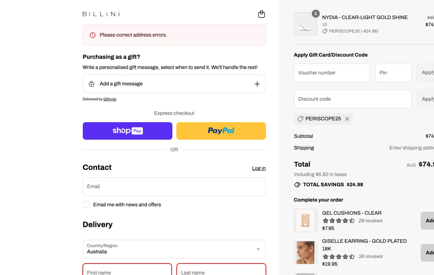 Billini discount code screenshot showing code PERISCOPE25 applied at Billini checkout page. Uploaded by SimplyCodes community member ELOIN777 on Aug 27, 2025