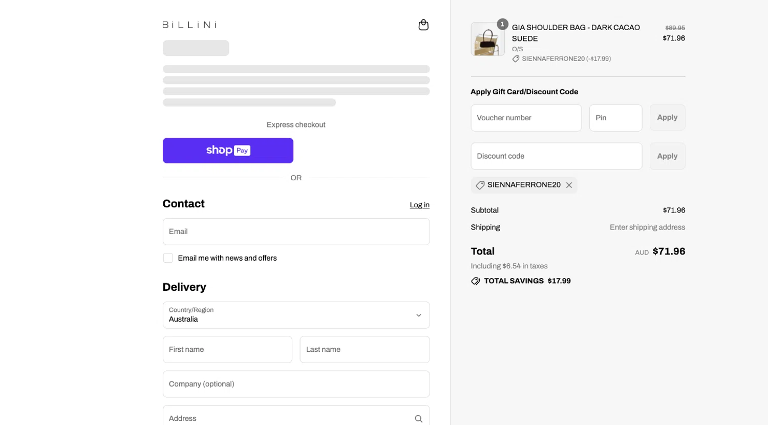 Billini discount code screenshot showing code SIENNAFERRONE20 applied at Billini checkout page. Uploaded by SimplyCodes community member ELOIN777 on Aug 2, 2025