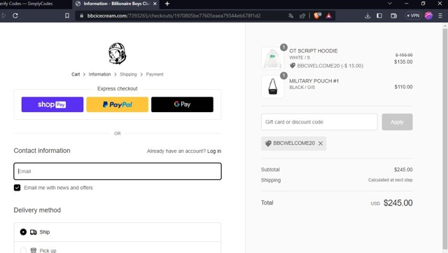 Billionaire Boys Club checkout page showing Billionaire Boys Club discount code box | Screenshot taken by SimplyCodes community member on Apr 11, 2023