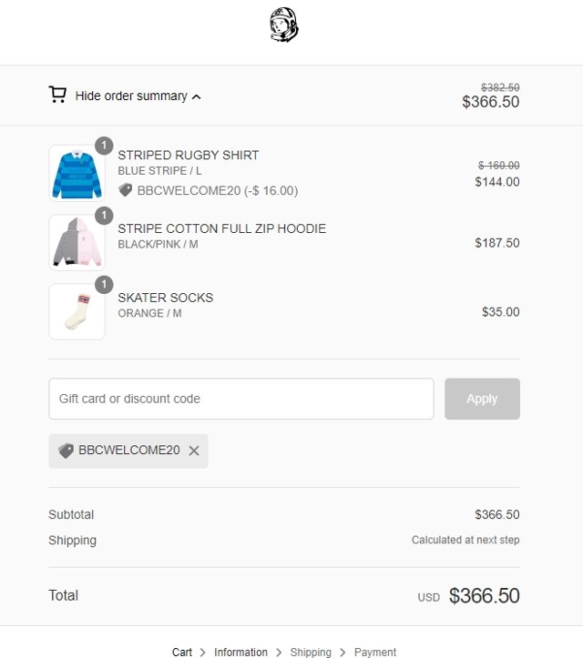 Billionaire Boys Club checkout page showing Billionaire Boys Club discount code box | Screenshot taken by SimplyCodes community member on May 10, 2023
