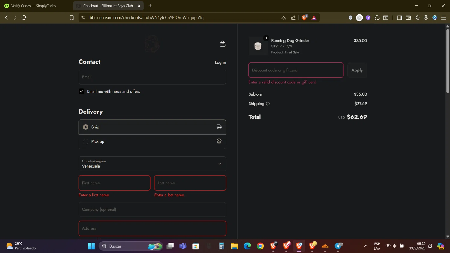 Billionaire Boys Club discount code screenshot showing code THANKYOU20 applied at Billionaire Boys Club checkout page. Uploaded by SimplyCodes community member DealAdmiral5466 on Aug 19, 2025