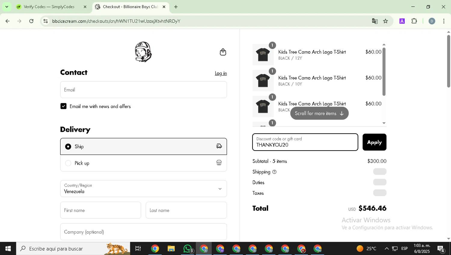 Billionaire Boys Club discount code screenshot showing code THANKYOU20 applied at Billionaire Boys Club checkout page. Uploaded by SimplyCodes community member DealExpert4491 on Aug 6, 2025
