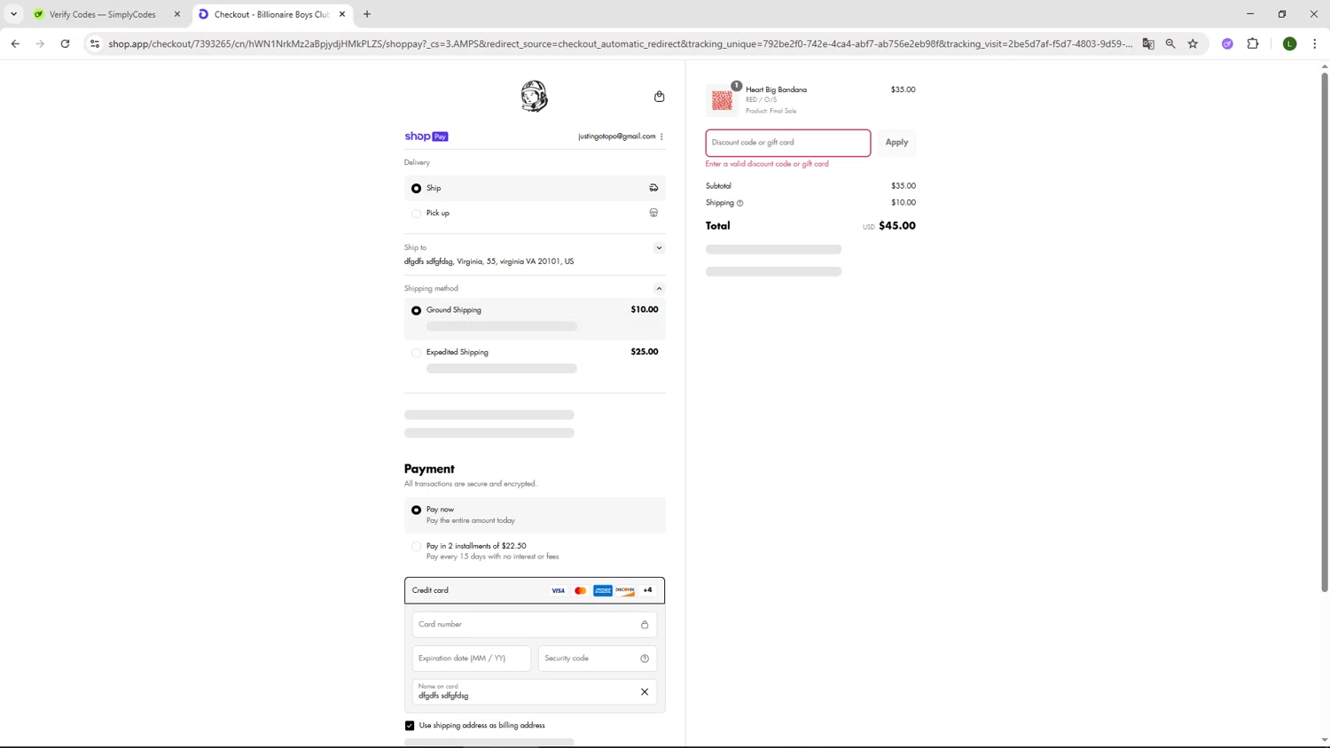 Billionaire Boys Club discount code screenshot showing code BFCM applied at Billionaire Boys Club checkout page. Uploaded by SimplyCodes community member DUCATI on Aug 3, 2025