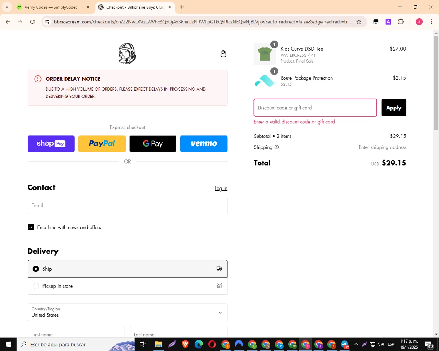 Billionaire Boys Club discount code screenshot showing code BFCM applied at Billionaire Boys Club checkout page. Uploaded by SimplyCodes community member MagnificentKnight3359 on Jan 19, 2025