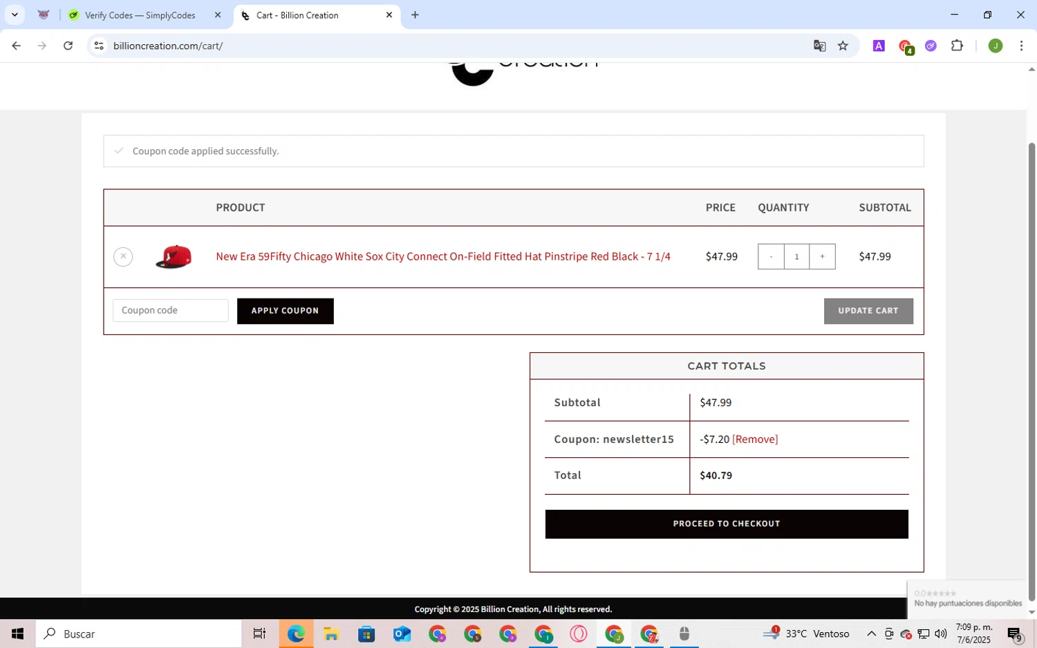 Billion Creation promo code screenshot showing code NEWSLETTER15 applied at Billion Creation checkout page. Uploaded by SimplyCodes community member BukayoSaka on Jun 7, 2025