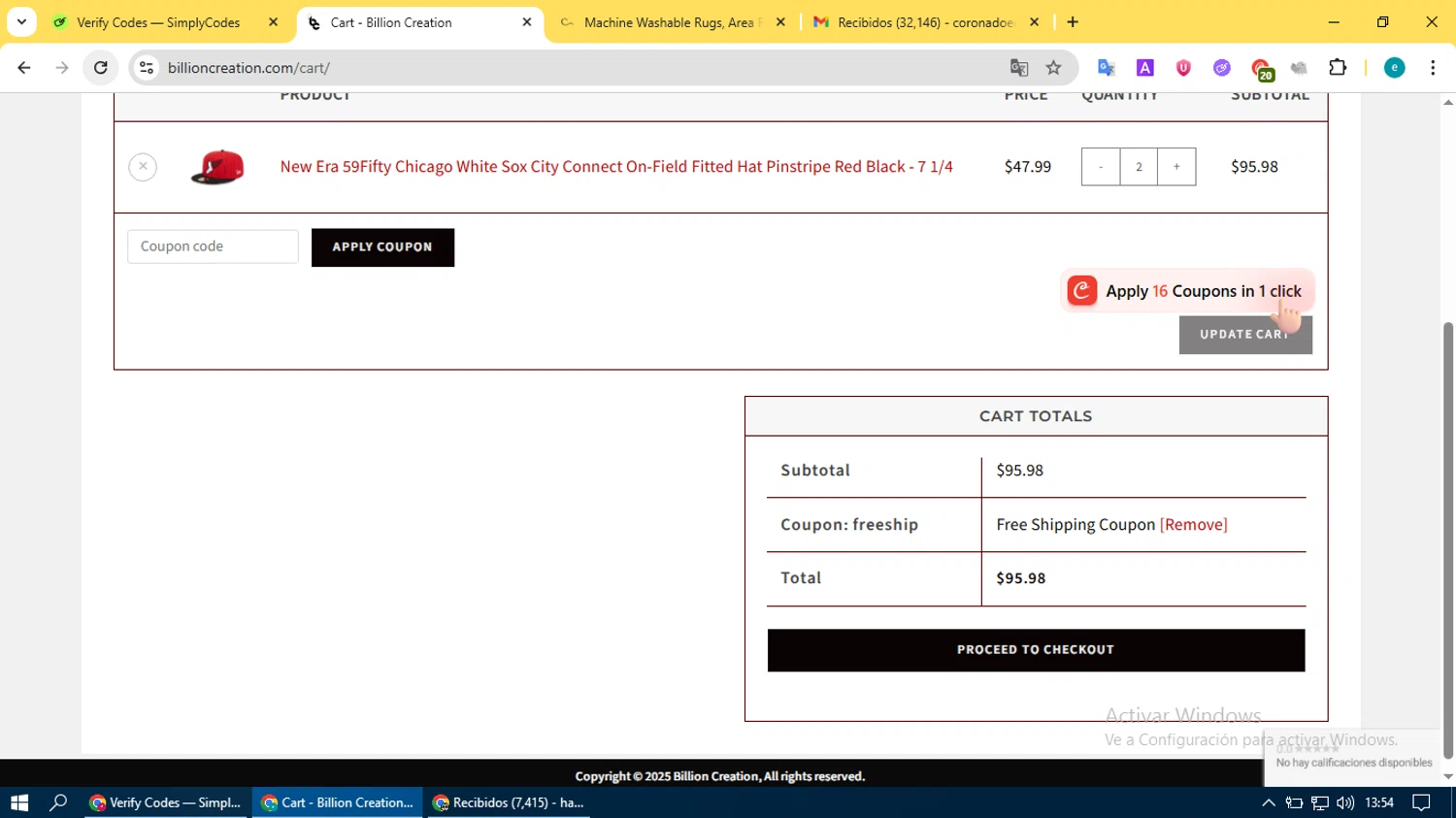 Billion Creation promo code screenshot showing code FREESHIP applied at Billion Creation checkout page. Uploaded by SimplyCodes community member BonusVoyager4214 on Jun 21, 2025