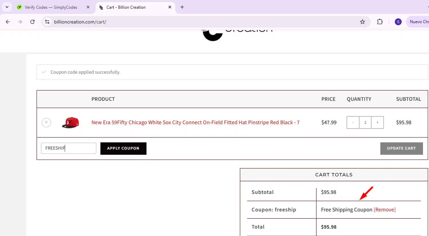Billion Creation promo code screenshot showing code FREESHIP applied at Billion Creation checkout page. Uploaded by SimplyCodes community member EnmanuelEDITOR on Jun 14, 2025