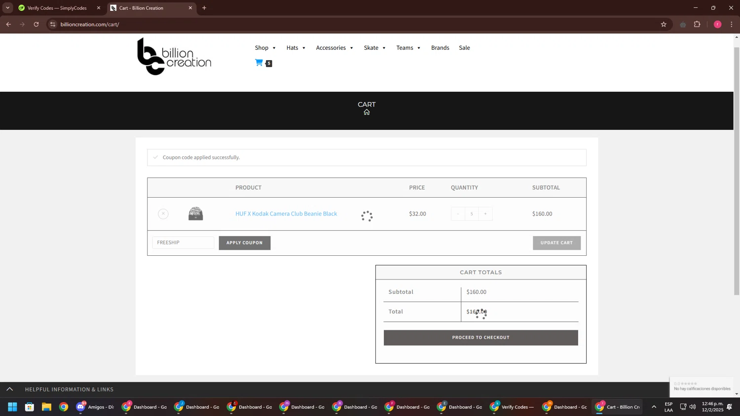 Billion Creation promo code screenshot showing code FREESHIP applied at Billion Creation checkout page. Uploaded by SimplyCodes community member CouponSage7331 on Feb 12, 2025