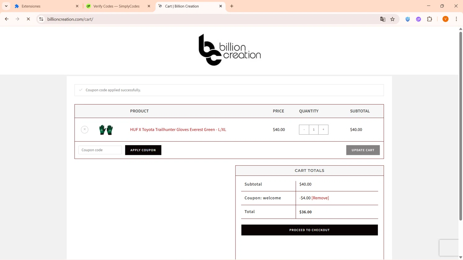 Billion Creation promo code screenshot showing code WELCOME applied at Billion Creation checkout page. Uploaded by SimplyCodes community member FortunateFinder9465 on Jan 14, 2026