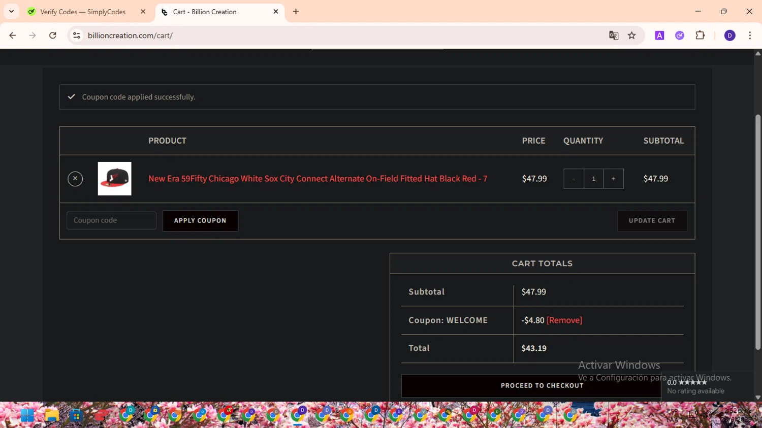 Billion Creation promo code screenshot showing code WELCOME applied at Billion Creation checkout page. Uploaded by SimplyCodes community member PromoLion4240 on Jun 28, 2025
