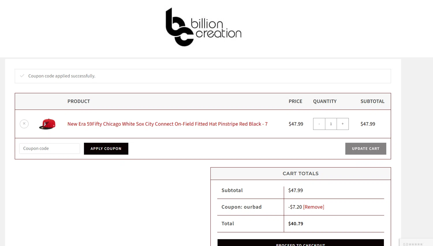 Billion Creation promo code screenshot showing code OURBAD applied at Billion Creation checkout page. Uploaded by SimplyCodes community member SavvyNavigator5168 on Jun 14, 2025