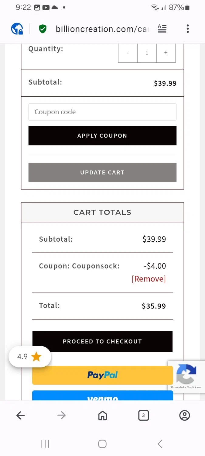 Billion Creation promo code screenshot showing code couponsock applied at Billion Creation checkout page. Uploaded by SimplyCodes community member ScanMaverick9378 on Feb 19, 2026