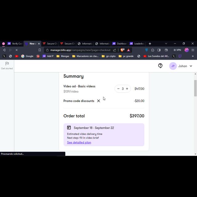 Billo checkout page showing Billo promo code box | Screenshot taken by SimplyCodes community member on Sep 10, 2023