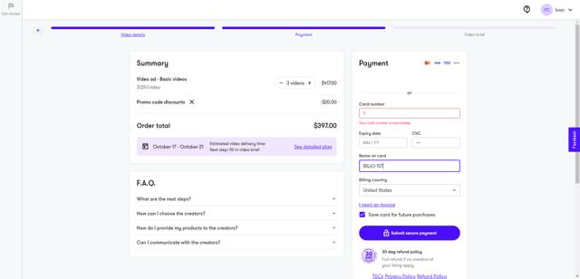 Billo checkout page showing Billo promo code box | Screenshot taken by SimplyCodes community member on Oct 9, 2023