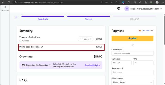 Billo checkout page showing Billo promo code box | Screenshot taken by SimplyCodes community member on Nov 7, 2023