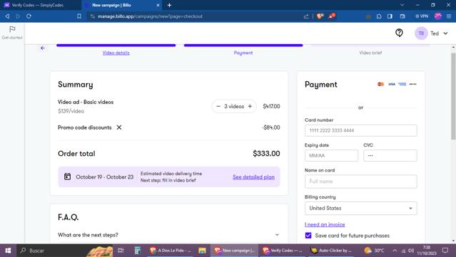 Billo checkout page showing Billo promo code box | Screenshot taken by SimplyCodes community member on Oct 11, 2023