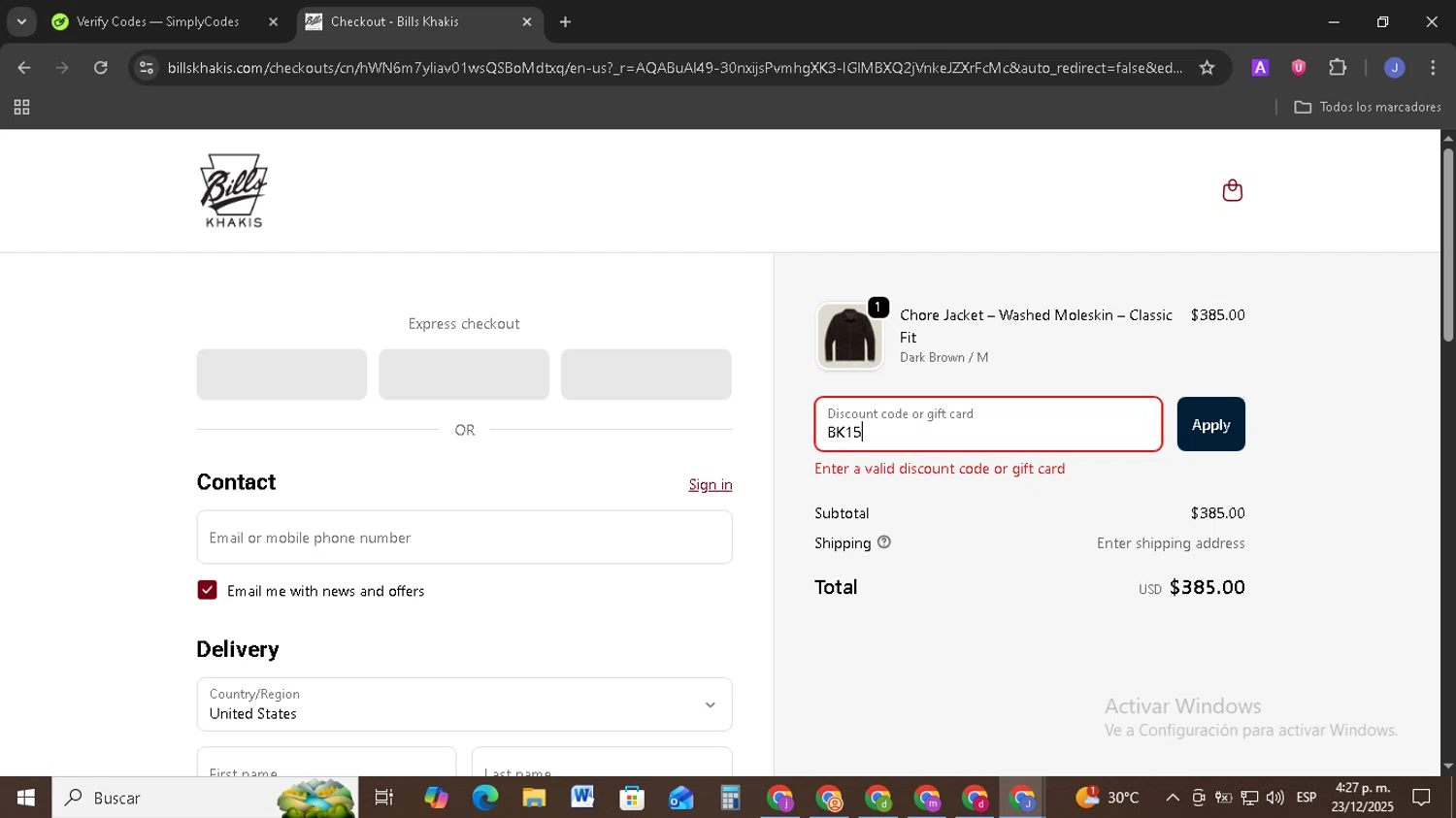 Bills Khakis discount code screenshot showing code BK15 applied at Bills Khakis checkout page. Uploaded by SimplyCodes community member EpicSage3474 on Dec 23, 2025
