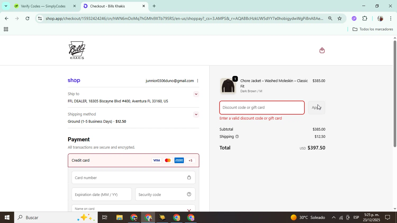 Bills Khakis discount code screenshot showing code Comeback25 applied at Bills Khakis checkout page. Uploaded by SimplyCodes community member Mujerdejunnior on Dec 23, 2025