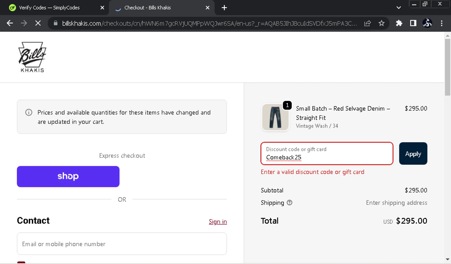 Bills Khakis discount code screenshot showing code Comeback25 applied at Bills Khakis checkout page. Uploaded by SimplyCodes community member SwiftOwl697 on Dec 23, 2025