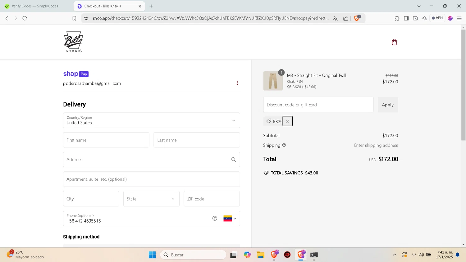Bills Khakis discount code screenshot showing code bk20 applied at Bills Khakis checkout page. Uploaded by SimplyCodes community member nabucodonosor on Jan 17, 2025