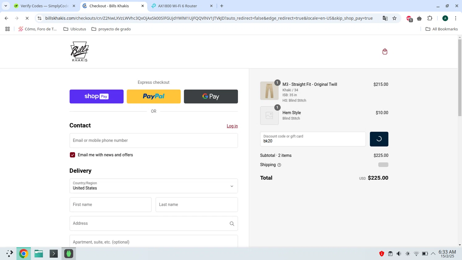 Bills Khakis discount code screenshot showing code bk20 applied at Bills Khakis checkout page. Uploaded by SimplyCodes community member admeneses on Feb 15, 2025