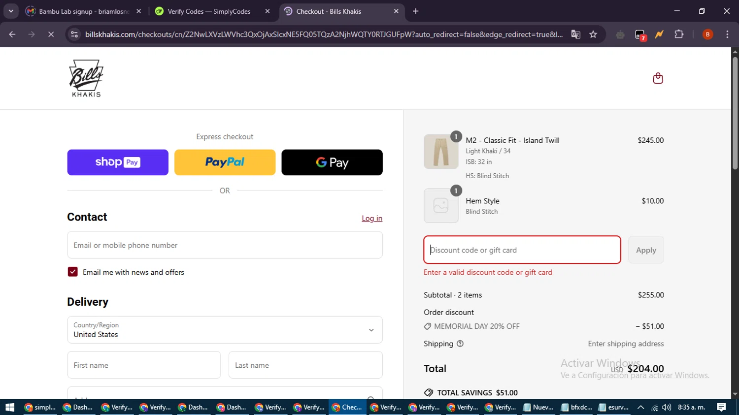 Bills Khakis discount code screenshot showing code MEMORIALDAYSALE applied at Bills Khakis checkout page. Uploaded by SimplyCodes community member DiscountExpert6435 on May 24, 2025