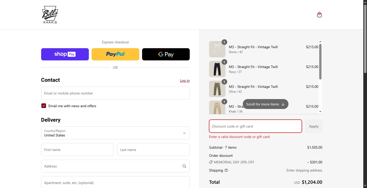 Bills Khakis discount code screenshot showing code MEMORIALDAYSALE applied at Bills Khakis checkout page. Uploaded by SimplyCodes community member RewardLion6202 on May 24, 2025