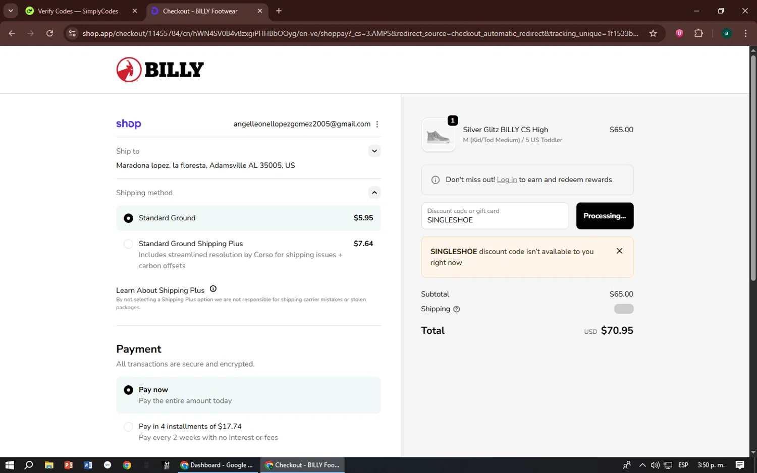 BILLY Footwear discount code screenshot showing code SINGLESHOE applied at BILLY Footwear checkout page. Uploaded by SimplyCodes community member zizu55 on Oct 23, 2025