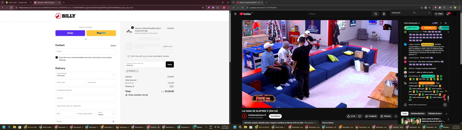 BILLY Footwear discount code screenshot showing code RASL15 applied at BILLY Footwear checkout page. Uploaded by SimplyCodes community member CouponSage7331 on Nov 14, 2025