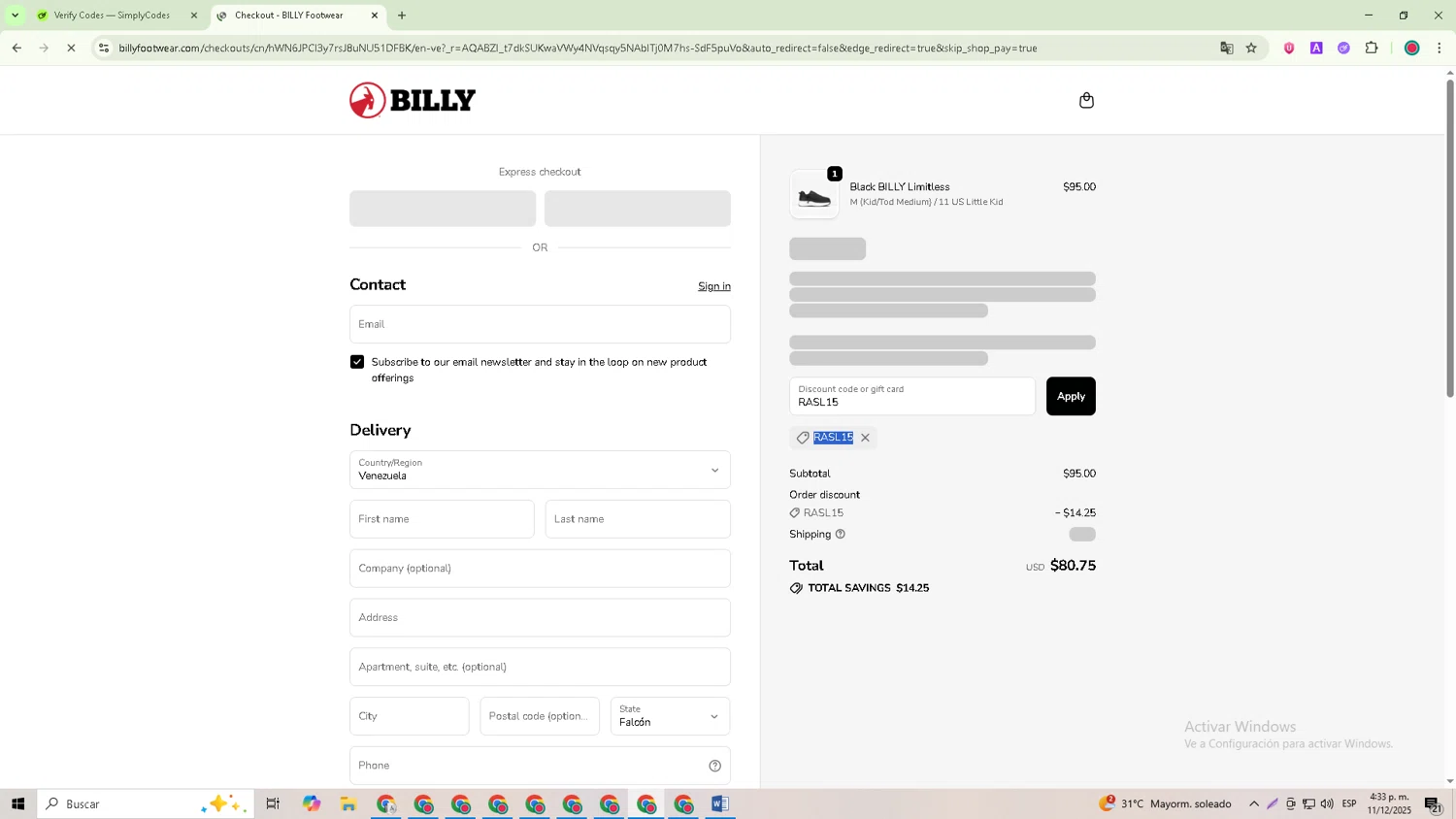 BILLY Footwear discount code screenshot showing code RASL15 applied at BILLY Footwear checkout page. Uploaded by SimplyCodes community member David_Garcia on Dec 11, 2025