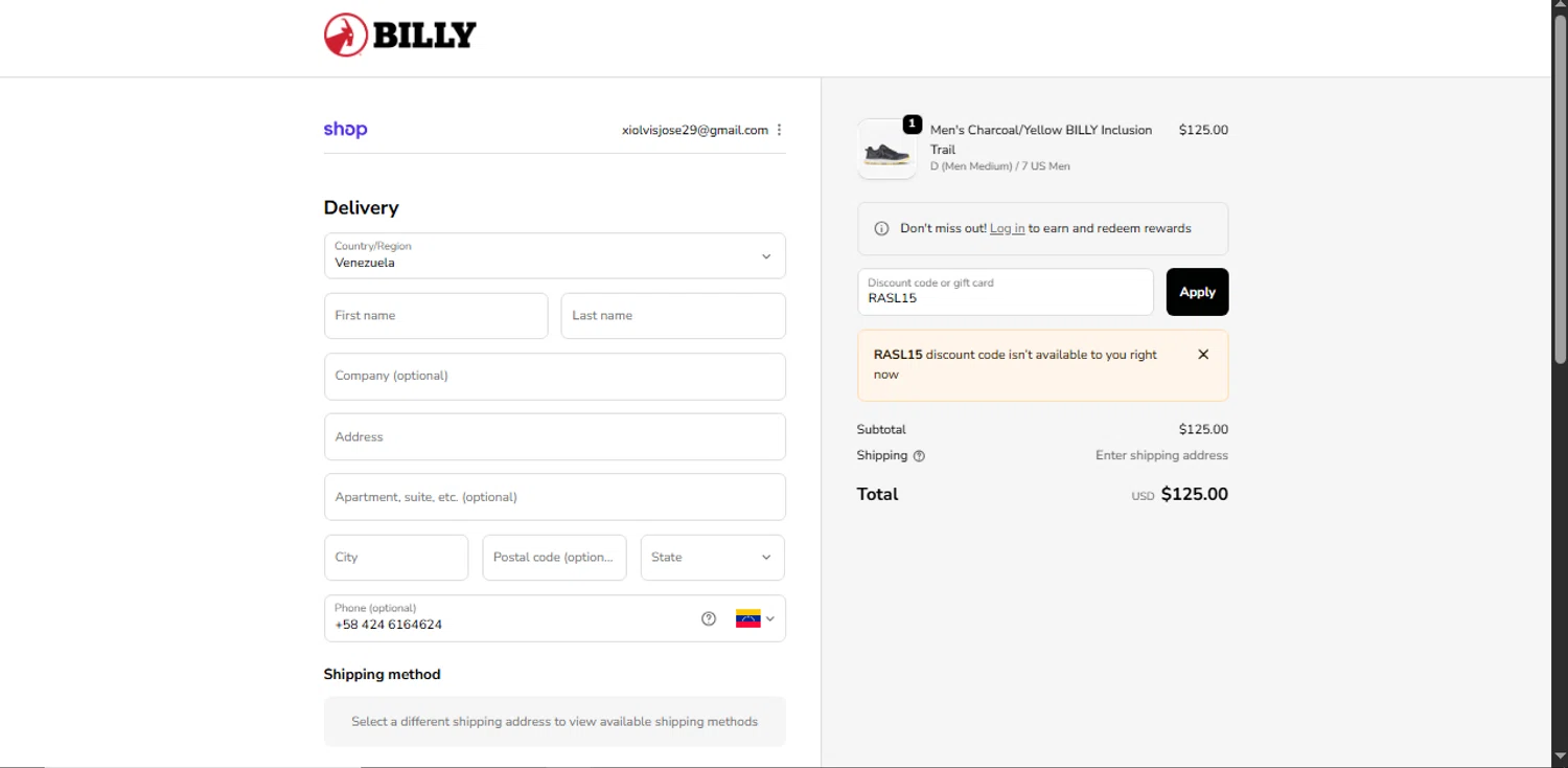 BILLY Footwear discount code screenshot showing code RASL15 applied at BILLY Footwear checkout page. Uploaded by SimplyCodes community member Xiooh292929 on Nov 14, 2025
