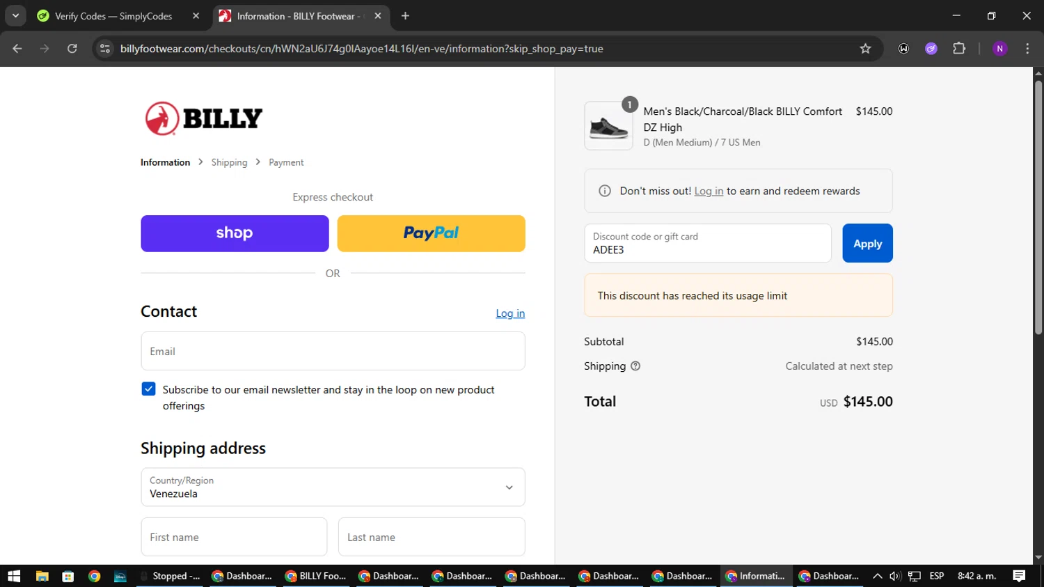 BILLY Footwear discount code screenshot showing code ADEE3 applied at BILLY Footwear checkout page. Uploaded by SimplyCodes community member NATAAAAAANAELCANO on Sep 4, 2025