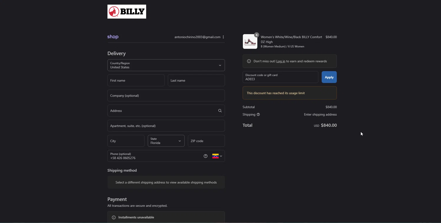 BILLY Footwear discount code screenshot showing code ADEE3 applied at BILLY Footwear checkout page. Uploaded by SimplyCodes community member johnnybravo on Sep 4, 2025