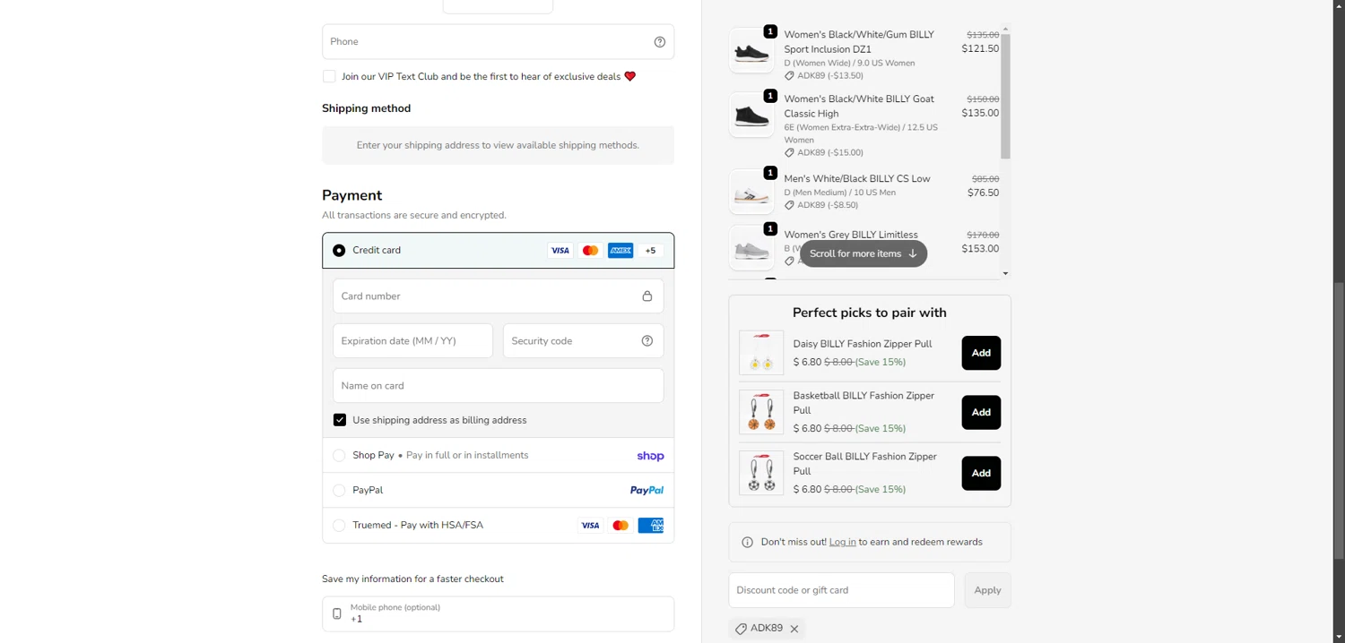 BILLY Footwear checkout page showing BILLY Footwear discount code box | Screenshot taken by SimplyCodes community member on Feb 10, 2026