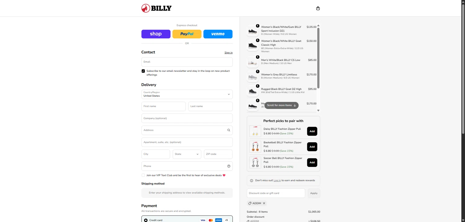 BILLY Footwear checkout page showing BILLY Footwear discount code box | Screenshot taken by SimplyCodes community member on Feb 10, 2026