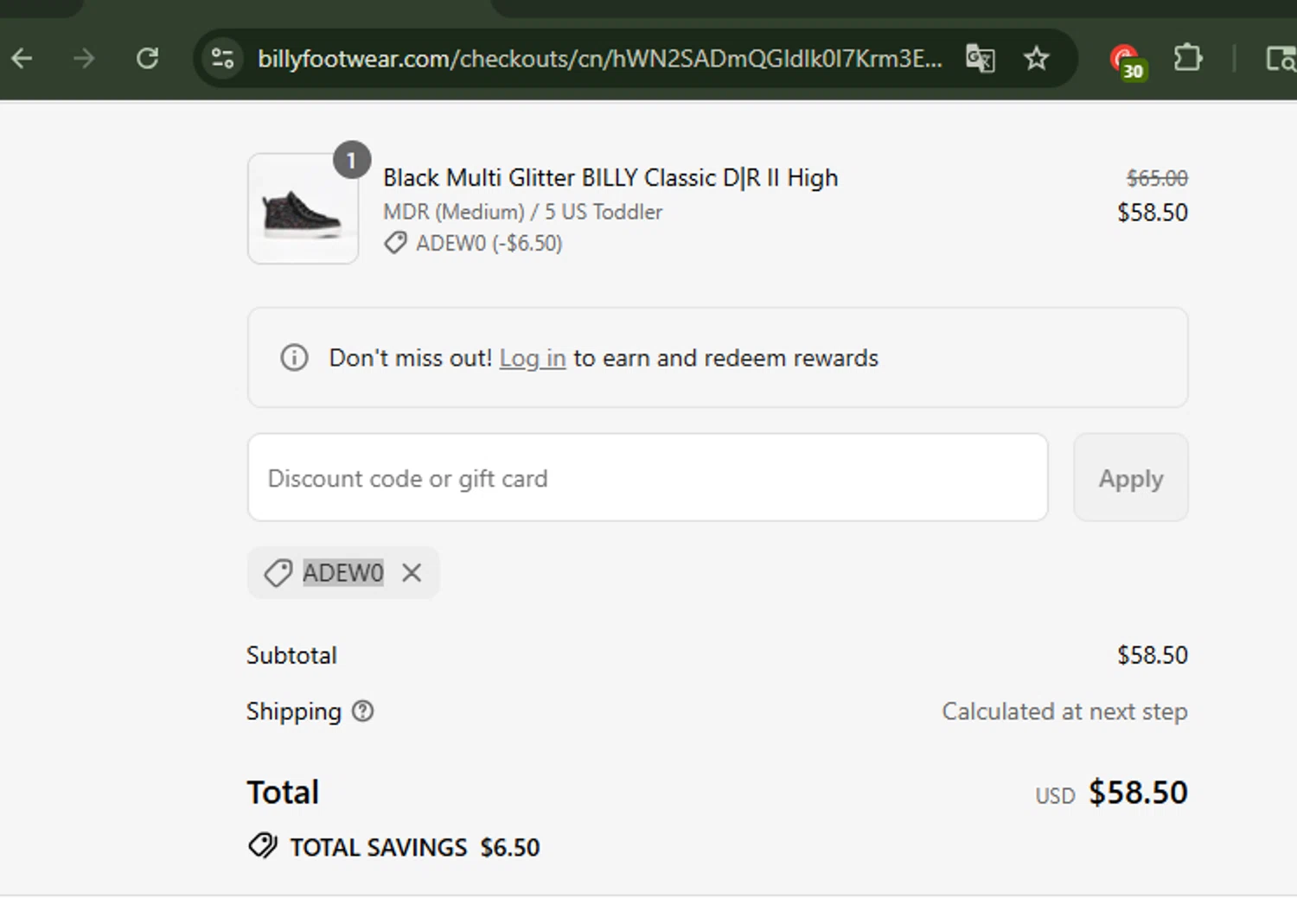 BILLY Footwear discount code screenshot showing code ADEW0 applied at BILLY Footwear checkout page. Uploaded by SimplyCodes community member Carolina23 on Aug 31, 2025